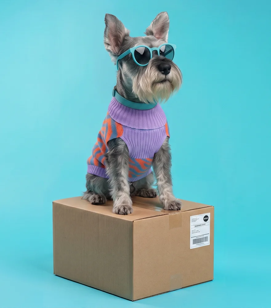 Perro con suéter Japi Japi y lentes de sol sobre una caja de paquetería
