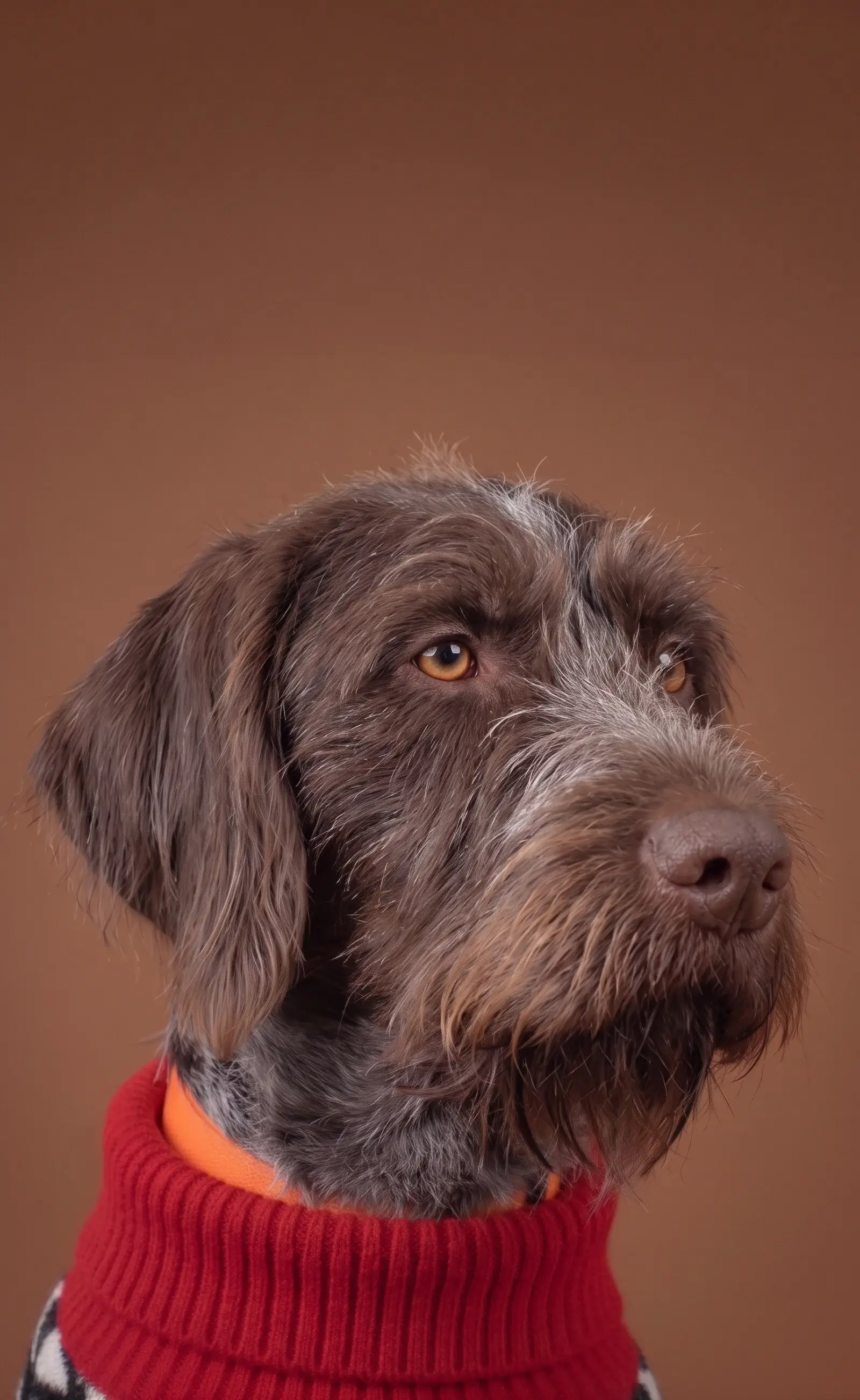 Perro de pelo duro café con suéter de cuello alto rojo