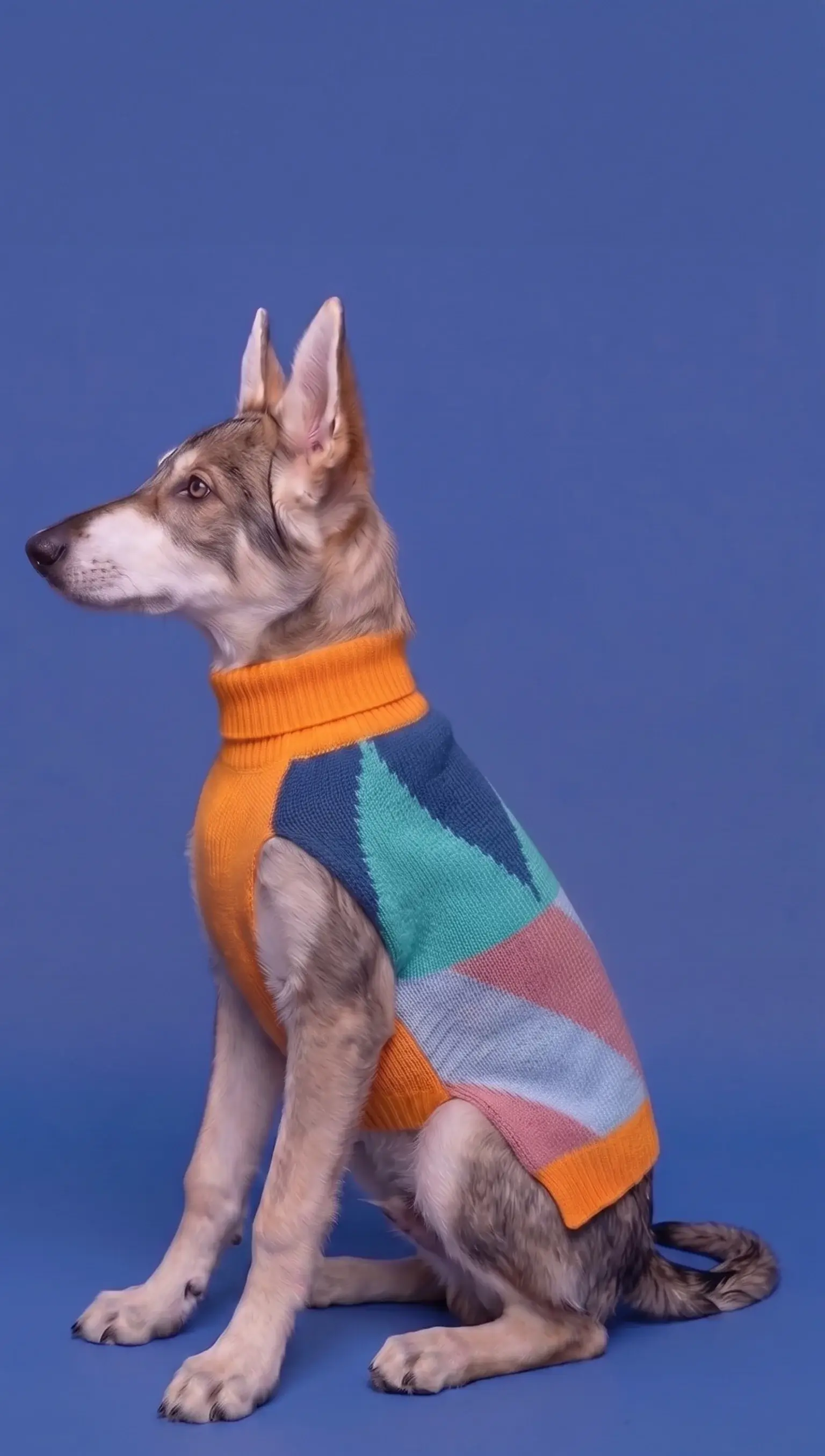 Perro sentado de perfil con un suéter de bloques de color naranja, azul y rosa