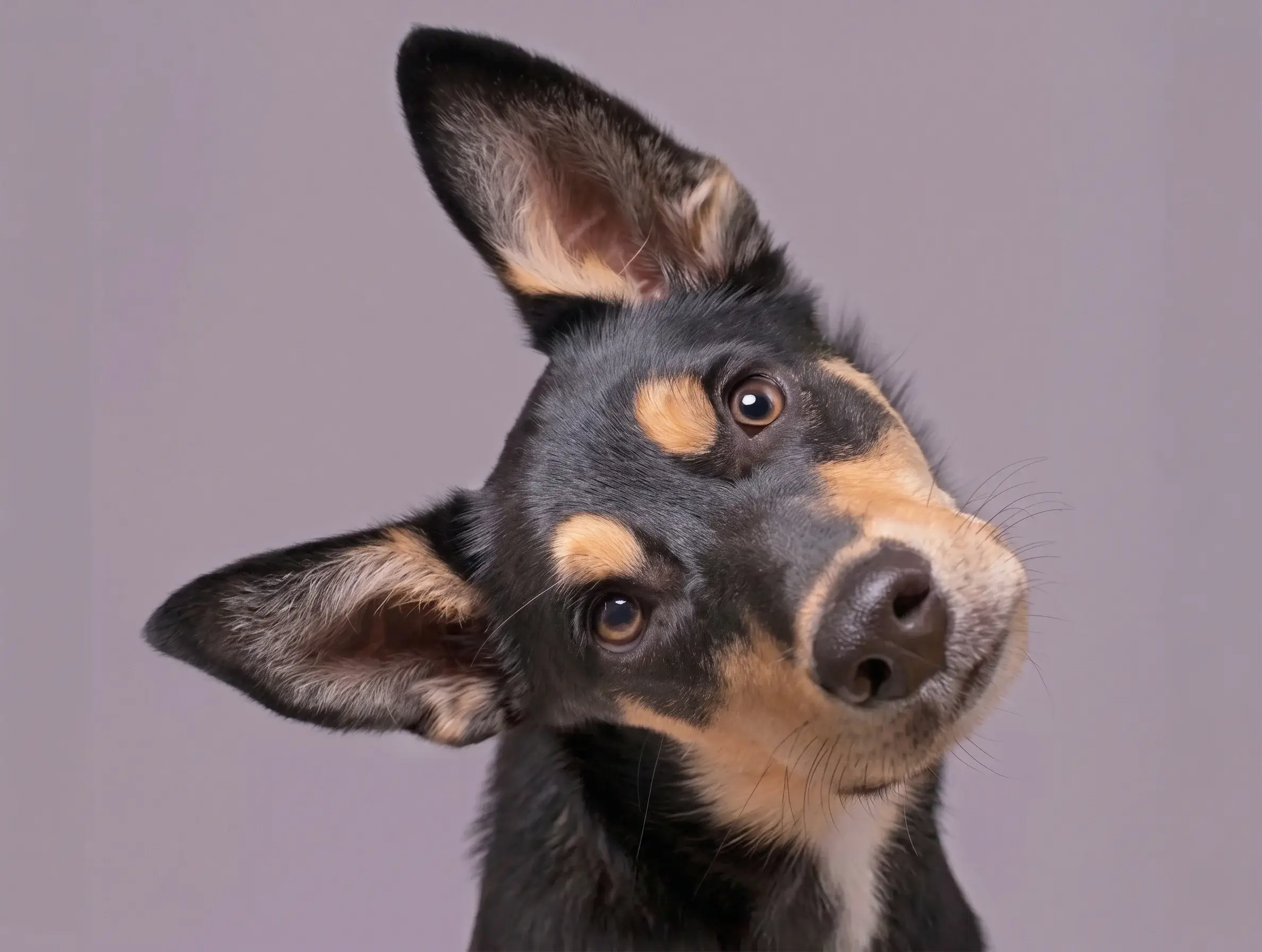 Perro negro con manchas cafés ladeando la cabeza y mirando de frente