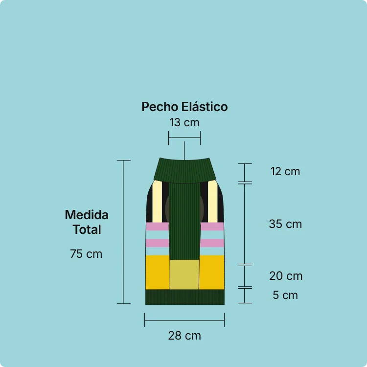 Diagrama de la talla L: medida total 75 cm, ancho 28 cm, pecho elástico 13 cm, cuello 12 cm, torso 35 cm y borde inferior 20 y 5 cm