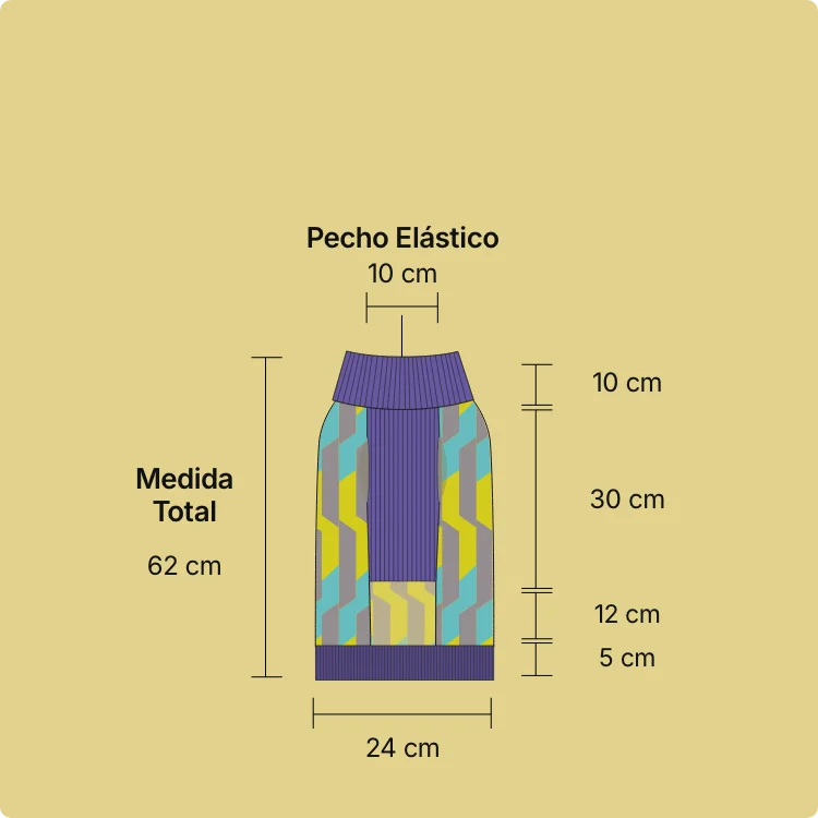 Diagrama de la talla M: medida total 62 cm, ancho 24 cm, pecho elástico 10 cm, cuello 10 cm, torso 30 cm y borde inferior 12 y 5 cm