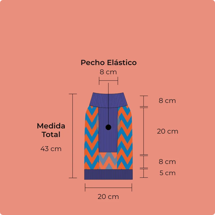 Diagrama de la talla S: medida total 43 cm, ancho 20 cm, pecho elástico 8 cm, cuello 8 cm, torso 20 cm y borde inferior 8 y 5 cm