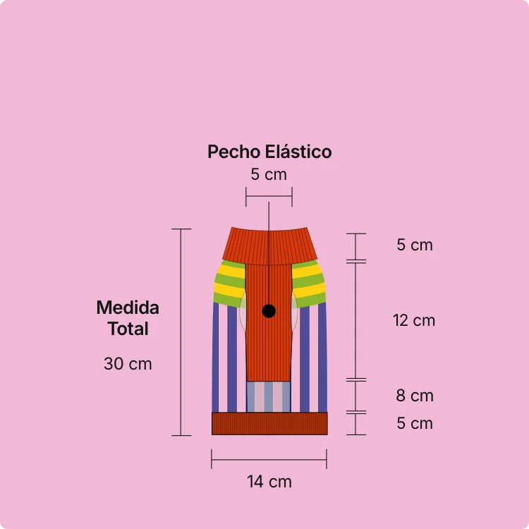 Diagrama de la talla XS: medida total 30 cm, ancho 14 cm, pecho elástico 5 cm, cuello 5 cm, torso 12 cm y borde inferior 8 y 5 cm